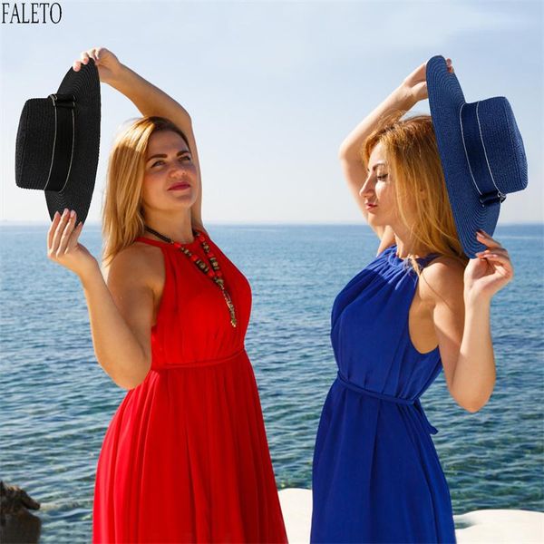 

stingy brim hats faleto summer casual beach trilby large jazz sun hat panama paper straw women fashion cap w/ bowknot ribbons, Blue;gray