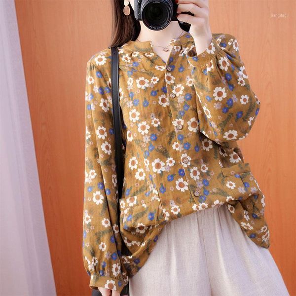 

spring arts style women long sleeve loose blouse single-breasted vintage print cotton linen shirts plus size v261 women's blouses &, White