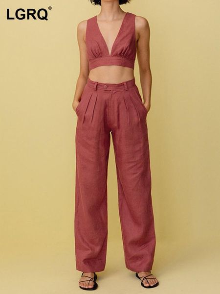 

women's two piece pants [lgrq] wide leg red bandage suit v-neck sleeveless fit women fashion tide spring autumn 2021 19d2511, White