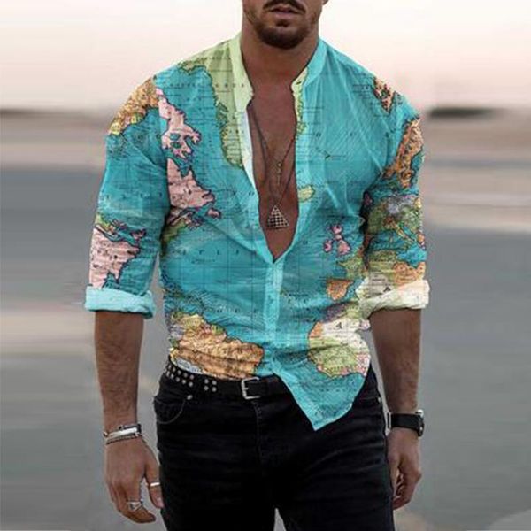 

men's casual shirts 2021 spring autumn vintage map printed long sleeve slim for men turn-down collar buttoned shirt fashion, White;black