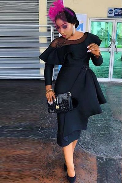 

aso ebi black tea length short prom dresses long sleeves ruffles evening party women formal occasion vestidos