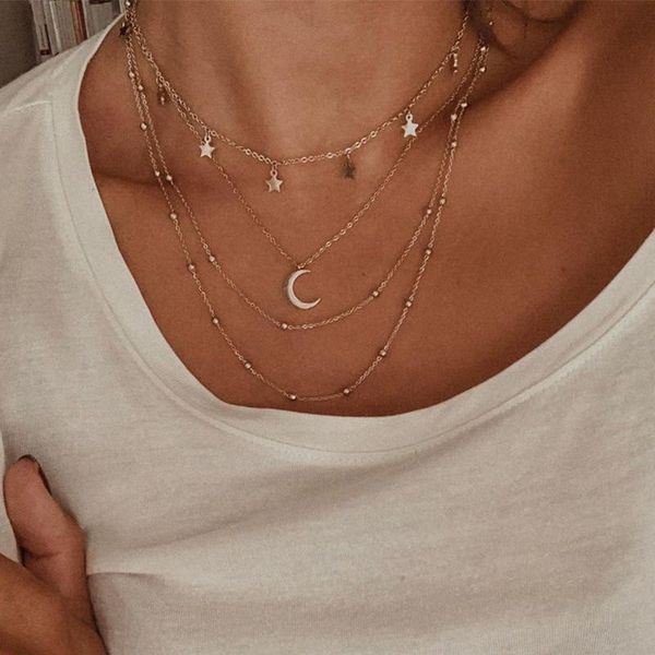 

pendant necklaces stainless steel gold multilayer necklace set 3 necklaces-half moon necklace, double and star, Silver