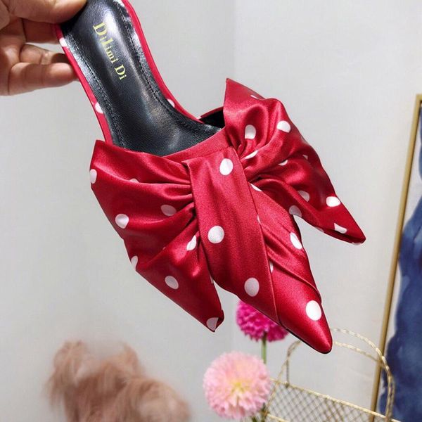 

dress shoes women sweet polka dot pumps woman pointed toe kitten heels bowknot mule sandals thin slip on, Black