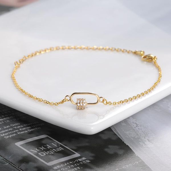 

link, chain unique geometric paper clip safety pin charm bracelet for women sparkling cubic zirconia stainless steel cylinder tube jewelry, Black