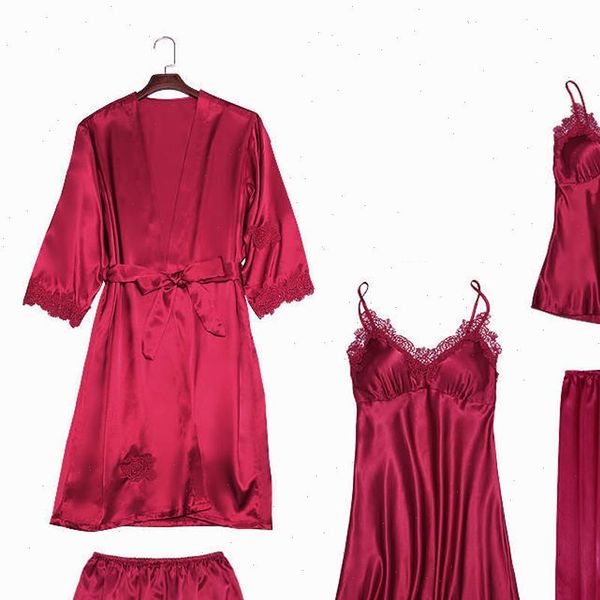 

pijamas 5 pieces womens sleepwears pajama set faux silk solid pyjama above knee mini nightgowns eleg lace edge spring, Black;red