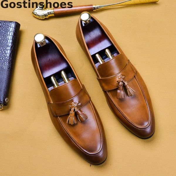 

dress shoes formal leather for men genuine oxford slip-on tassel decorate pointed toe, Black