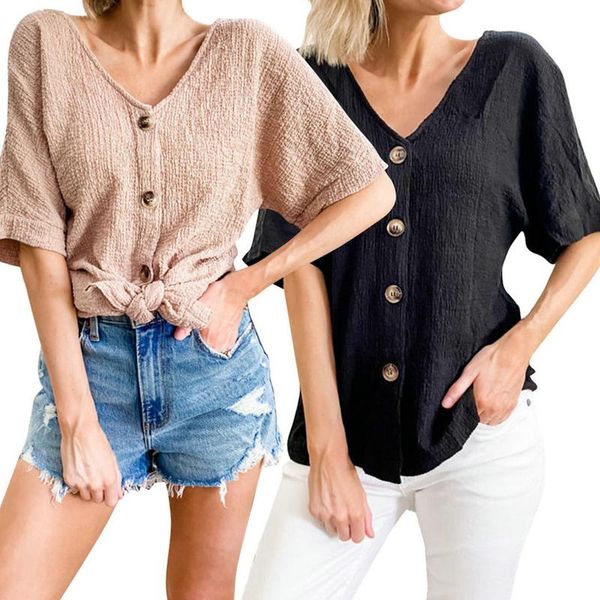 

women's t-shirt summer ladies fashion short sleeve solid color loose buttons v neck t shirts casual tee, White