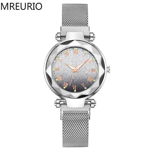 

women's watch diamond-studded gradient luminous romen numerals mesh magnetic band lazy for women quartz wristwatches, Slivery;brown