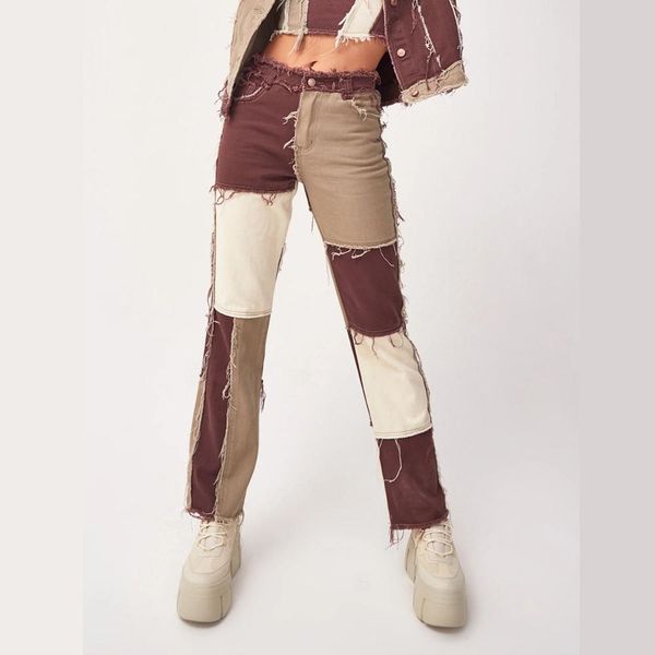 

20115 kind style color block high waist flare jeans with pockets streetwear ladies trousers bell bottoms skinny jean pants xs-2, Blue
