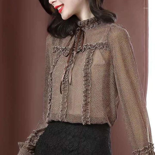 

women's blouses & shirts women spring autumn style chiffon lady casual long lantern sleeve stand collar polka dot printed df00051 v2f4, White