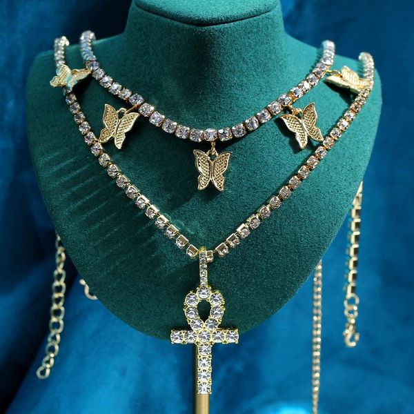 

pendant necklaces gothic crystal cross butterfly pendent tennis chain for women gold silver color metal rhinestone choker jewelry