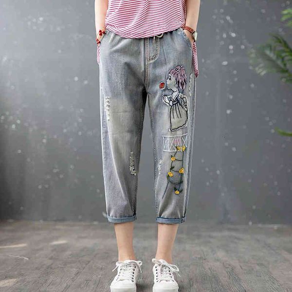 

arrival spring arts female-style waistline loose calf-length denim torn vintage embroidered shredder jeans s833, Blue