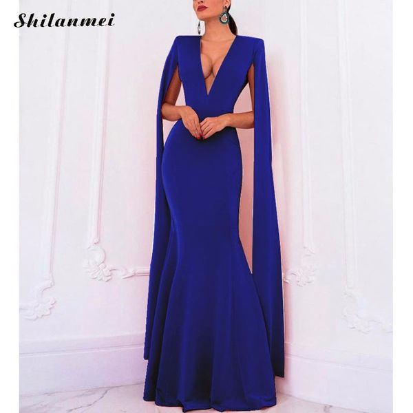 

casual dresses elegant cape sleeve dress women deep v long bodycon female evening party vintage mermaid, Black;gray
