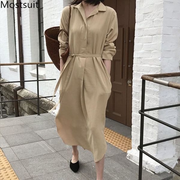 

autumn korean vintage belted long shirt dress women sleeve single-breasted splitting dresses casual loose vestidos 210518, Black;gray