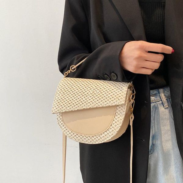 

cross body 2021 straw wovenshoulder bag pu leather splicing women crossbody bags fashion women's small saddle flap design handbag purse