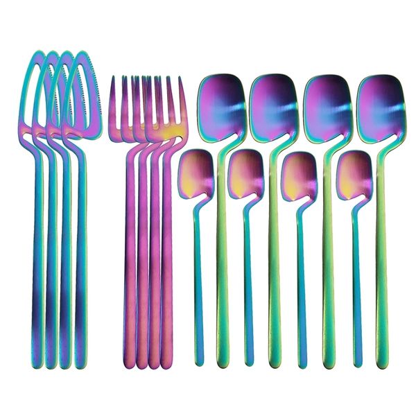 16 pezzi Arcobaleno Set di stoviglie Cucchiaio Forchetta Coltello Decorazioni da tavola Set di posate Cucina Set da tavola in oro opaco Dessert Zuppa Caffè Uso 211012