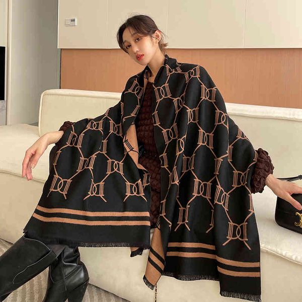 

shawl winter scarf women's versatile color matching letters imitation cashmere long warm tassel cloak air conditioning live broadcast, Blue;gray