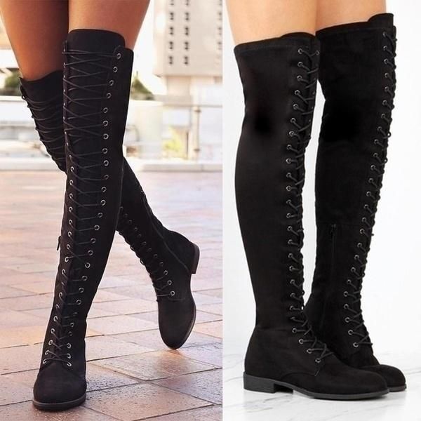 

boots women low-heeled lace up fashion over the knee boot shoes, Black