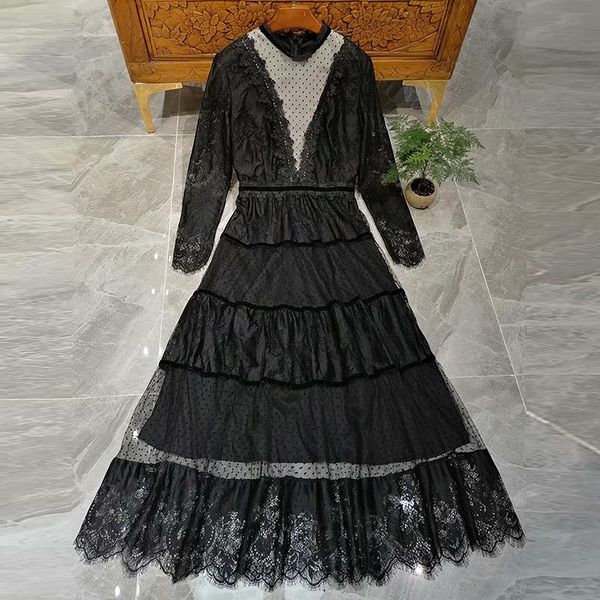 

casual dresses est fashion 2021 runway dress women's long sleeve lace gauze patchwork, Black;gray