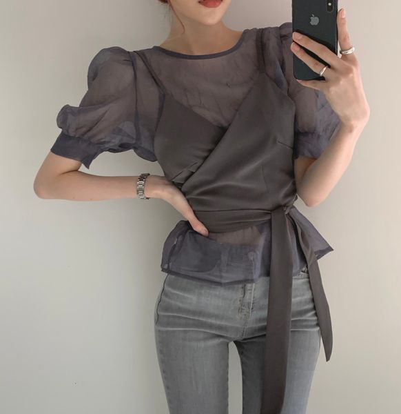 

dresses 2021 fashion summer korean chic womens mesh short sleeve o-neck shirt + bow bandage sling vest suits, Black;gray