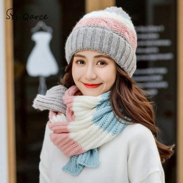 

hats, scarves & gloves sets syi qarce 2pcs winter warm knitted hat with scarf cute sweet thick set for girl's student women nt168-71, Blue;gray