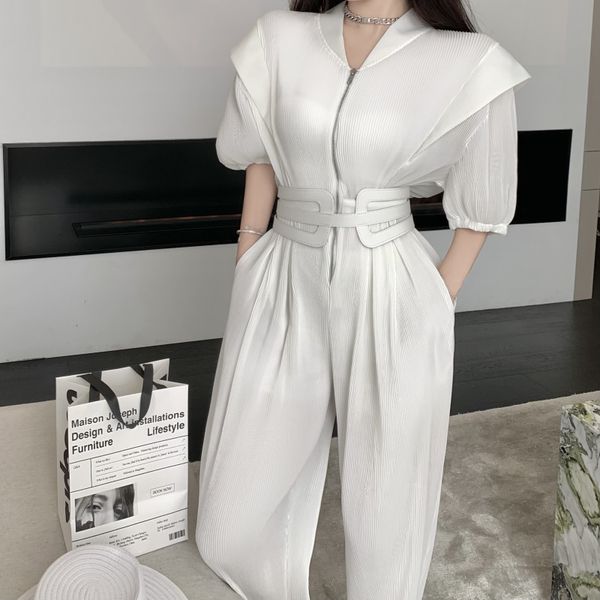 

women's jumpsuits & rompers chiffon pleated combinaison femme streetwear women overalls 2021 short sleeve summer jumpsuit women mo, Black;white