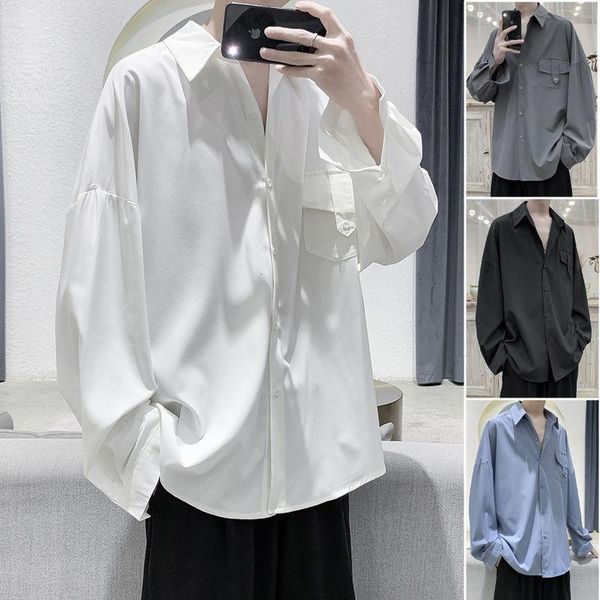 

men's casual shirts 2021 fashion solid color long sleeve loose pocket decoration lapel collar streetwear camisa masculina -2xl, White;black