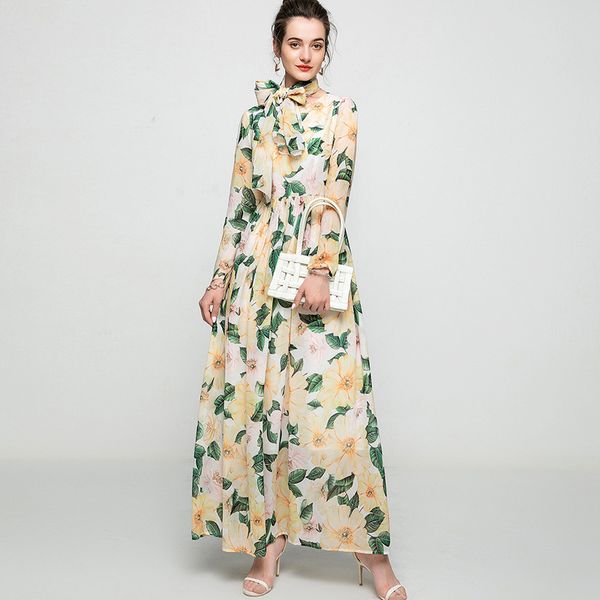 

women's runway dresses o neck long sleeves printed ruched printed maxi dress with scarf, Black