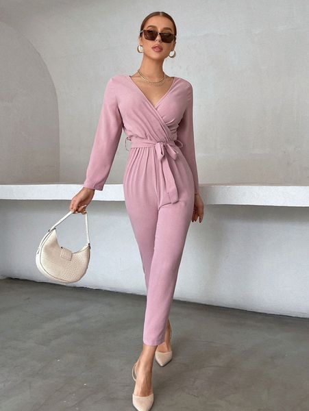 

surplice neck solid belted jumpsuit d0uc#, White