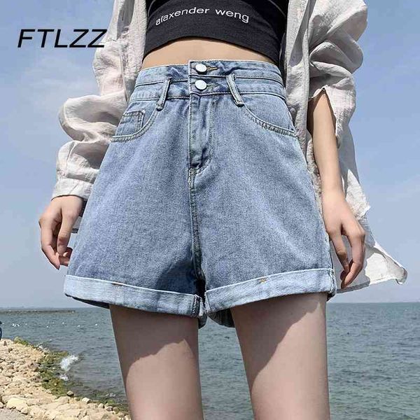 

summer denim short korean style high waist two button loose wide legs jeans female vintage blue bottoms 210602, White;black
