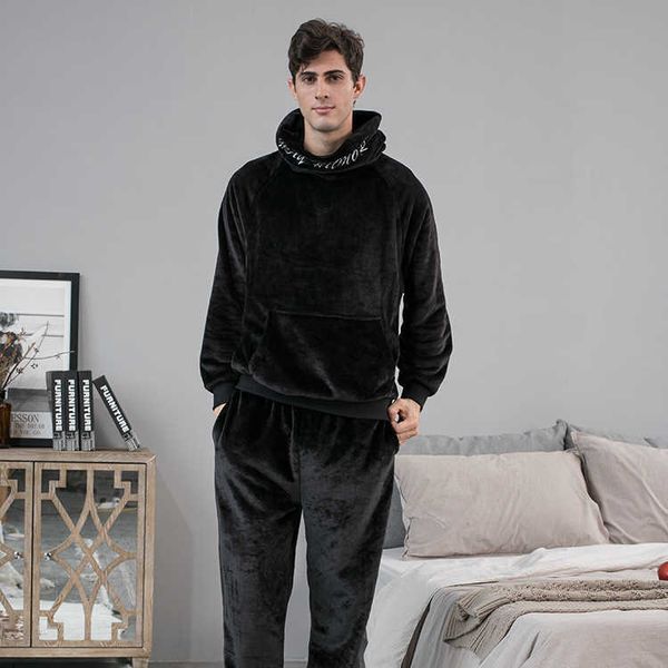 

flannel pajamas men's autumn and winter hooded home clothes thickened pajamas plush couple pajamas set, White