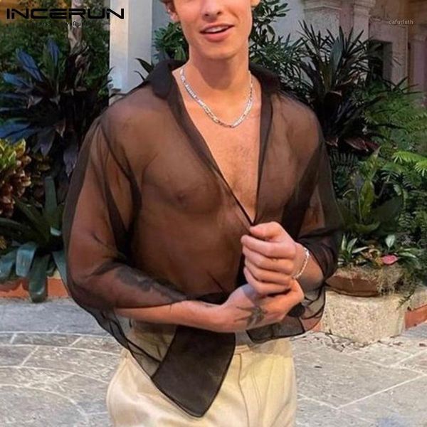 

men's casual shirts incerun handsome well fitting thin blouse loose comeforable see through male lightweight breathable mesh 2021, White;black