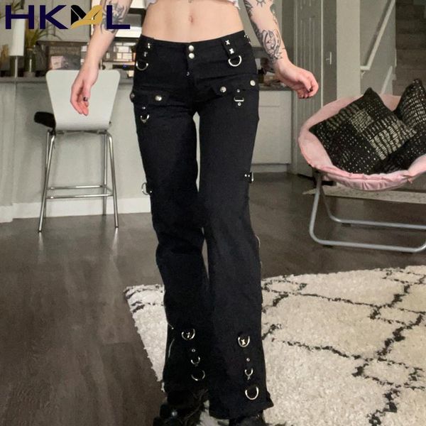 

women's jeans women techwear side zipper low waist straight pant black rivet punk jean denim trousers e girl goth streetwear 2021, Blue