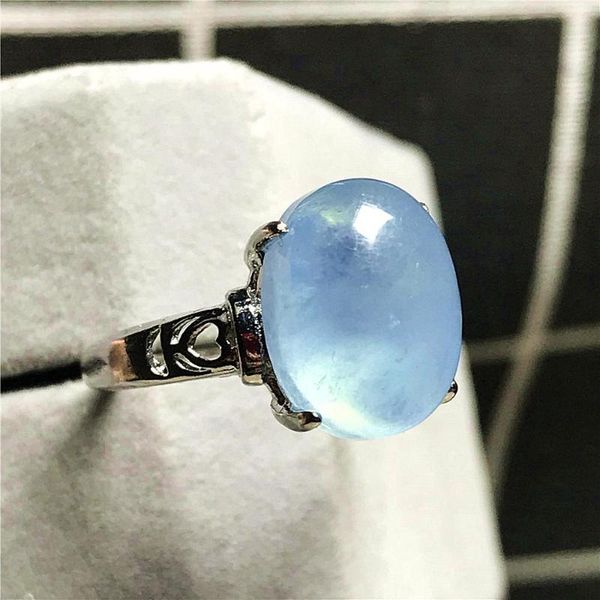 

cluster rings natural blue aquamarine ring jewelry for woman man clear crystal ocean 12x9mm beads silver gemstone adjustable size, Golden;silver