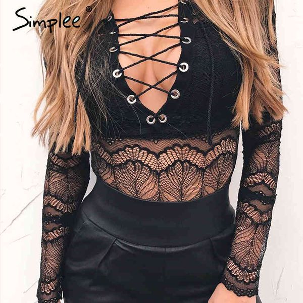 

lace up deep v neck black bodysuit women transparent mesh slim intimates jumpsuit long sleeve bodycon playsuit 210414, Black;white