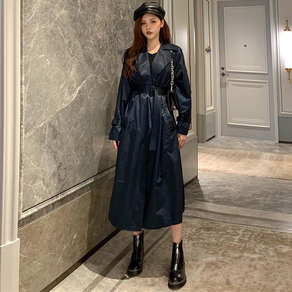 

women's trench coats autumn 2021 korean version versatile fashion loose show thin retro mid long belt leather windbreaker coat, Tan;black