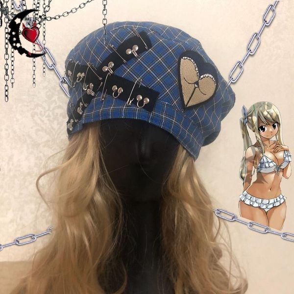 

japanese harajuku girls gothic punk cross pin metal patch black berets spring summer plaid hat women chic streetwear caps, Blue;gray
