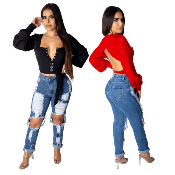 

elastic knee hole high waist denim leggings, Blue