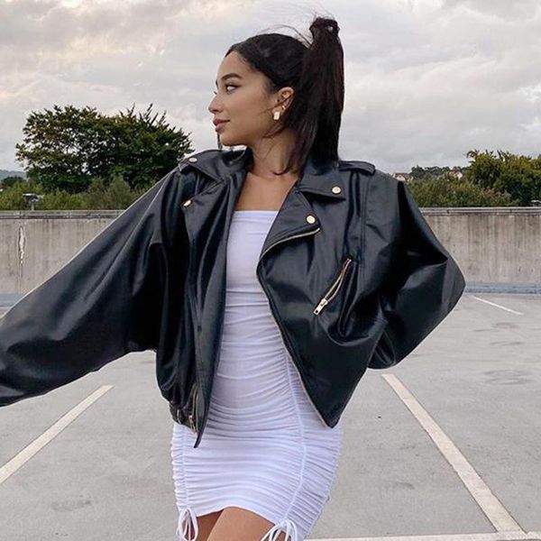 

women's leather & faux trendy pu short jacket women black motorcycle basic classic cropped fake coat female punk gothic outwear