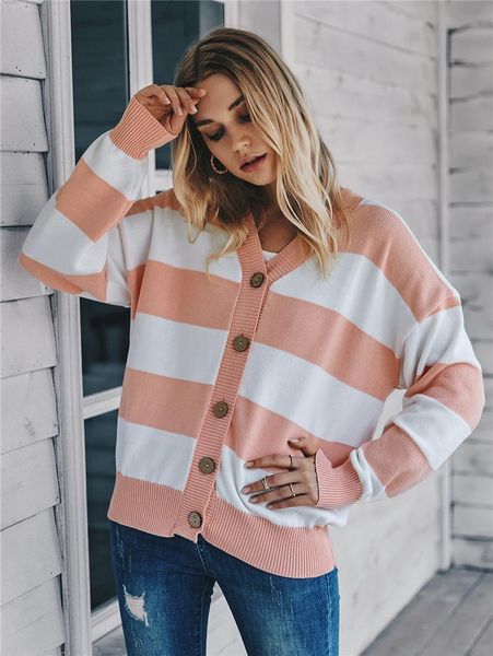 

striped knitted cardigan women button up single breasted long sleeve v neck sweaters autumn winter outerwear female coats, White