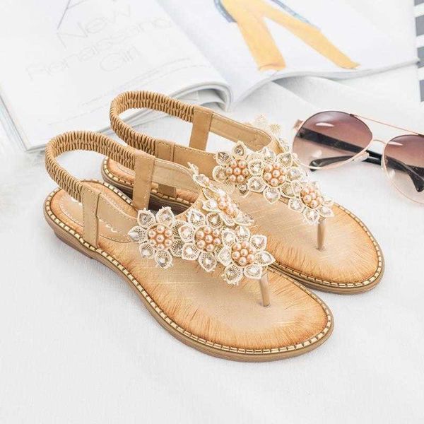 New Woman Bohemian Chinelos Pérola Flor Back Strap Ladies Ladies Flip Flops Casuais Moda Sapatos Ao Ar Livre Beach Feminino Calçado Y0721