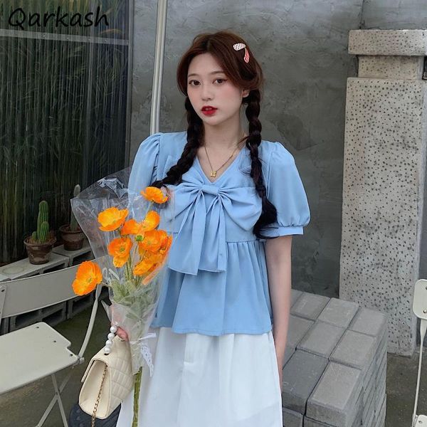

women's blouses & shirts women summer students bow loose blue v-neck all-match puff sleeve ulzzang vintage simple casual ladies fashio, White
