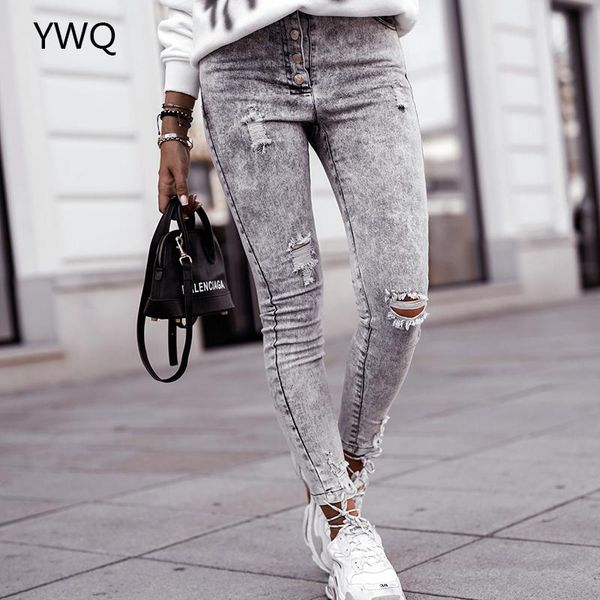 

vintage jeans gray ripped womens 2021 streetwear mid rise aesthetic stretch skinny hole denim pencil trousers women's, Blue