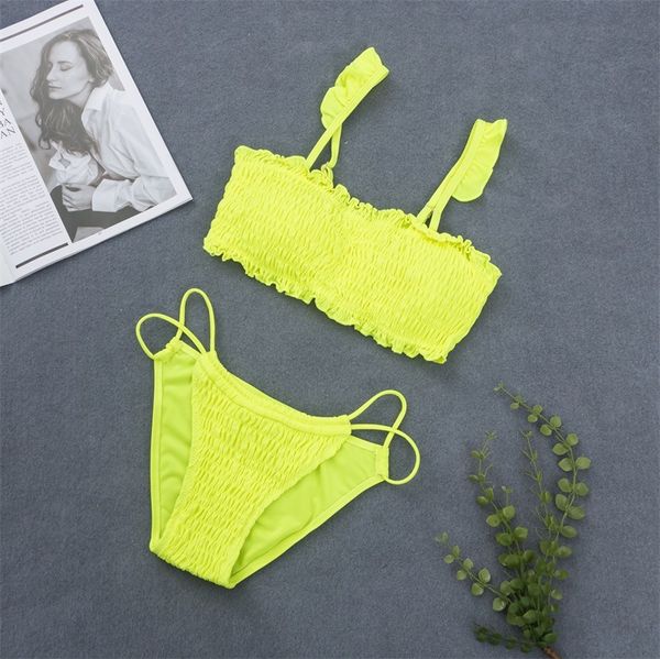 Costume da bagno brasiliano per donna Costumi da bagno perizoma Sexy Summer Neon Yellow Costume da bagno per nuoto Ruffle String Biquini Bandeau 210520