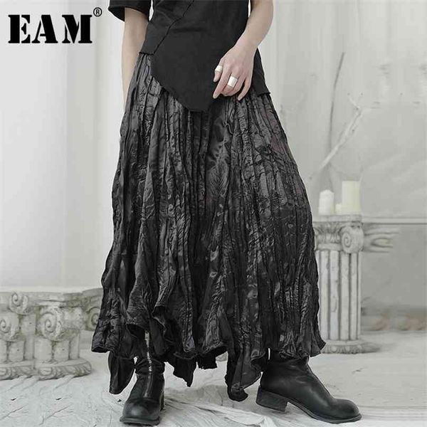 

[eam] high elastic waist black pleated irregular long temperament half-body skirt women fashion spring autumn 1u965 210629