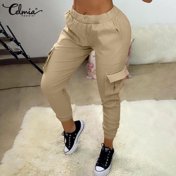 

women's pants & capris celmia 2021 autumn jogger women fashion elastic waist pockets long trousers casual streetwear cargo pant solid p, Black;white