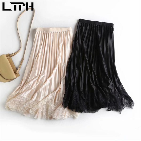 

simple all-match lace stitching korean skirt women high waist big hem solid color mid-length pleated skirts summer 210427, Black