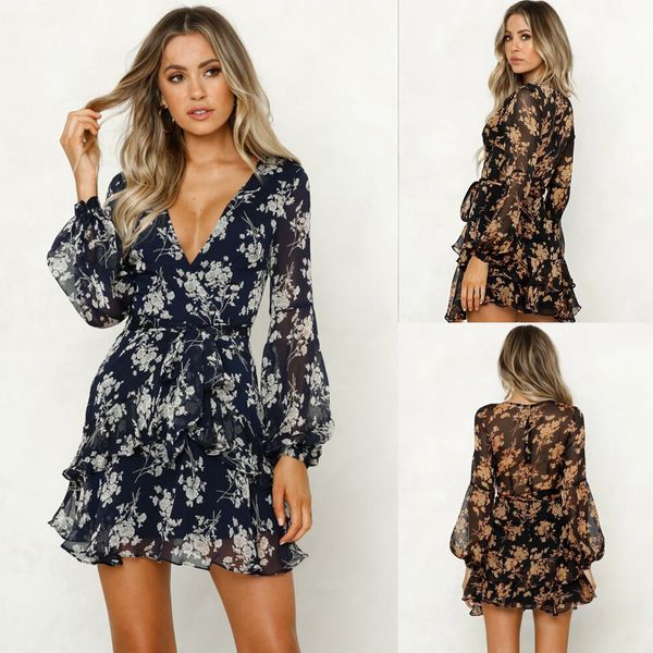 

luxury casual drs2021 autumn women's long sleeve printed low cut bandage drs, Black;gray