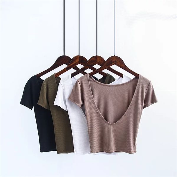 

black white crop t shirt women backless kawaii cotton female t-shirt short sleeve summer 210521