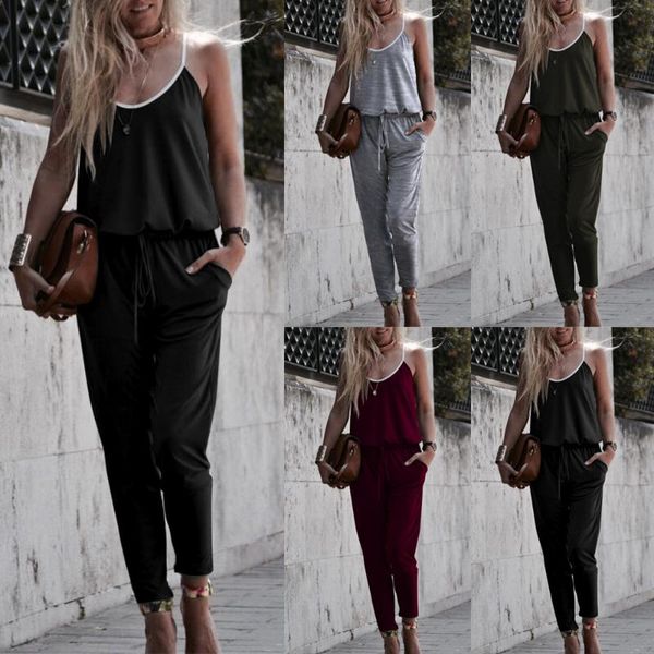 

women's jumpsuits & rompers summer jumpsuit women casual loose cotton sleeveless sling pocket trousers solid lace up belts d30, Black;white